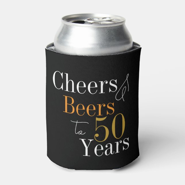 50th Birthday Cheers and Beers Black Gold Party Can Cooler (Can Front)