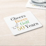 50th Birthday Cheers and Beers Golf Party Square Paper Coaster<br><div class="desc">This is a cool and modern, 50th birthday, golf party design. It is a simple, minimal design, in classic black and white with pops of orange, green and gold coloured typography. Perfect for a cool and fun, golf and beer themed, 50th birthday party. This design is fully customizable, simply use...</div>