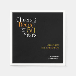50th Birthday Cheers and Beers Party Black Gold Napkin