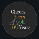 50th Birthday Cheers Beers Golf Black and Gold Classic Round Sticker<br><div class="desc">This is a cool and modern, 50th birthday, golf party design. It is a simple, minimal design, in classic black and gold typography with pops of orange and green. Perfect for a cool and fun, golf and beer themed, 50th birthday party. This design is fully customizable, simply use the personalize...</div>