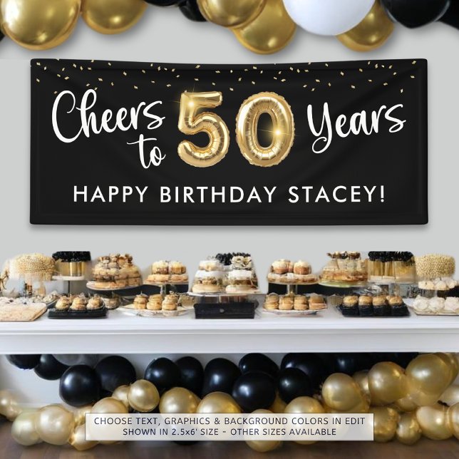 50th Birthday Cheers to 50 Years Black Gold Banner (Creator Uploaded)