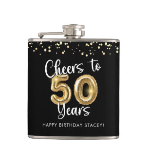 50th Birthday Cheers to 50 Years Black Gold Hip Flask