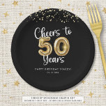 50th Birthday Cheers to 50 Years Black Gold Paper Plate<br><div class="desc">Celebrate a 50th birthday for him or her with these modern and festive personalized party paper plates featuring the title CHEERS TO 50 YEARS with faux metallic gold balloon numbers and script typography, gold confetti and your custom text in your choice of background colour (shown in black). ASSISTANCE: For help...</div>