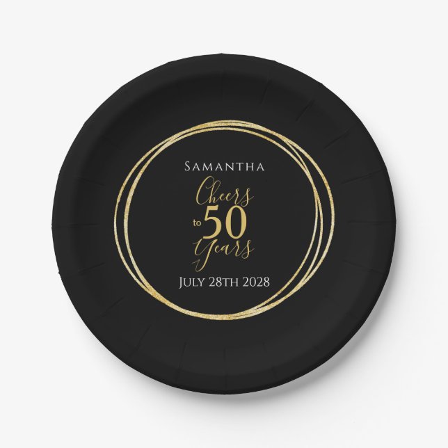 50th Birthday Cheers to 50 Years Black Gold Party Paper Plate (Front)