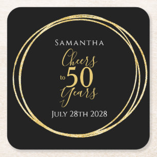 50th Birthday Cheers to 50 Years Black Gold Party Square Paper Coaster