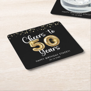 50th Birthday Cheers to 50 Years Black Gold Square Paper Coaster