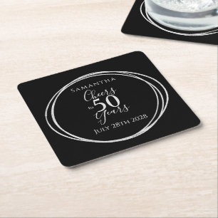 50th Birthday Cheers to 50 Years Black Silver Square Paper Coaster