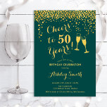 50th Birthday - Cheers To 50 Years Emerald Green Invitation<br><div class="desc">50th Birthday Invitation. Cheers To 50 Years! Elegant design in emerald green and gold. Features champagne glasses,  script font and confetti. Perfect for a stylish fiftieth birthday party. Personalize with your own details. Can be customized to show any age.</div>