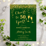 50th Birthday - Cheers To 50 Years Gold Green Invitation<br><div class="desc">50th Birthday Invitation. Cheers To 50 Years! Elegant design in green and gold. Features champagne glasses,  script font and confetti. Perfect for a stylish fiftieth birthday party. Personalize with your own details. Can be customized to show any age.</div>