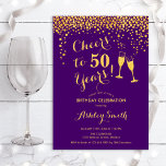 50th Birthday - Cheers To 50 Years Gold Purple Invitation<br><div class="desc">50th Birthday Invitation. Cheers To 50 Years! Elegant design in purple and gold. Features champagne glasses,  script font and confetti. Perfect for a stylish fiftieth birthday party. Personalize with your own details. Can be customized to show any age.</div>