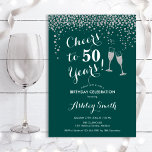 50th Birthday - Cheers To 50 Years Green Silver Invitation<br><div class="desc">50th Birthday Invitation. Cheers To 50 Years! Elegant design in green,  white and silver. Features champagne glasses,  script font and glitter silver confetti. Perfect for a stylish fiftieth birthday party. Personalize with your own details. Can be customized to show any age.</div>