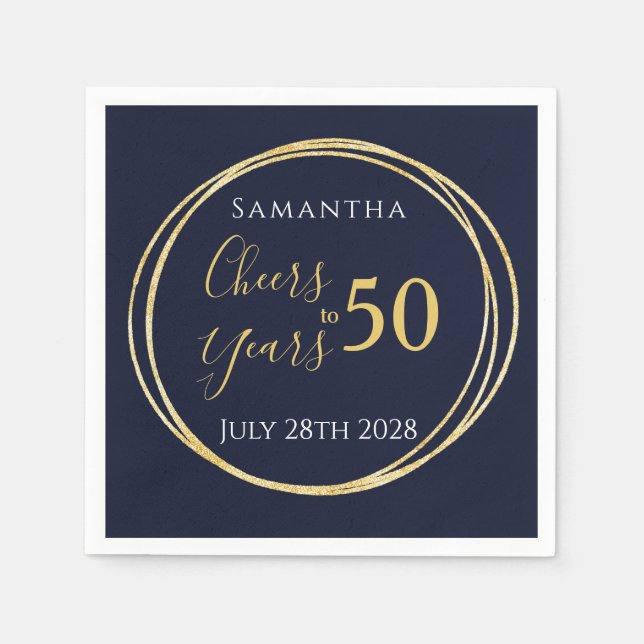 50th Birthday Cheers to 50 Years Navy Gold Party Napkin (Front)
