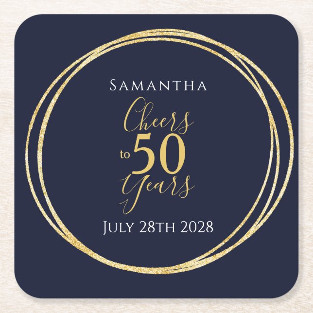 50th Birthday Cheers to 50 Years Navy Gold Party Square Paper Coaster (Front)