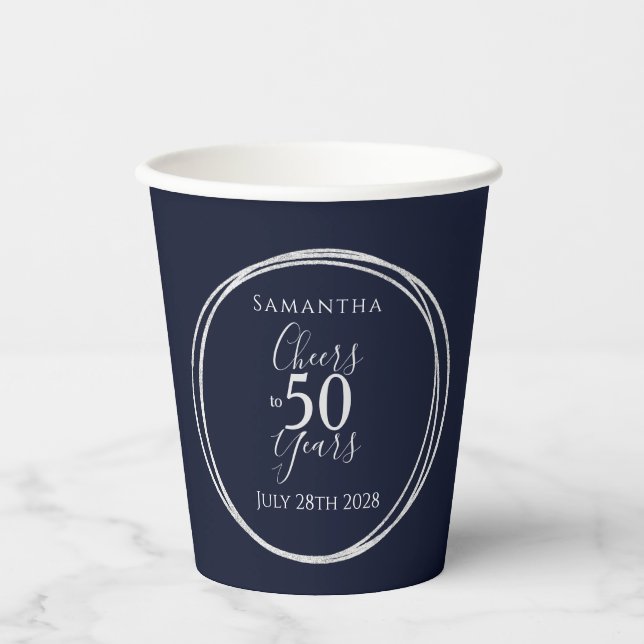 50th Birthday Cheers to 50 Years Navy Silver Party Paper Cups (Front)