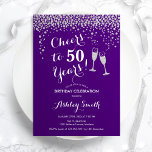 50th Birthday - Cheers To 50 Years Purple Silver Invitation<br><div class="desc">50th Birthday Invitation. Cheers To 50 Years! Elegant design in purple,  white and silver. Features champagne glasses,  script font and glitter silver confetti. Perfect for a stylish fiftieth birthday party. Personalize with your own details. Can be customized to show any age.</div>