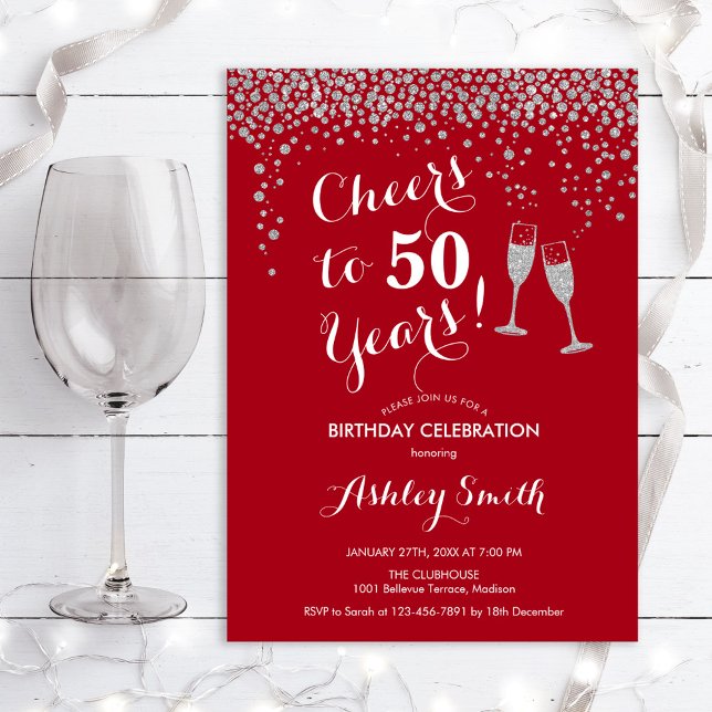50th Birthday - Cheers To 50 Years Red Silver Invitation (Creator Uploaded)