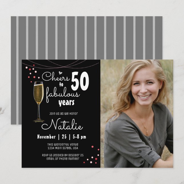 50th Birthday Cheers to Fifty Fabulous Years Black Invitation (Front/Back)