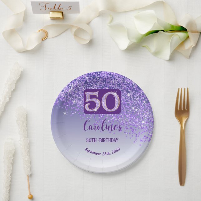 50th Birthday Chic Falling Purple Glitter Paper Plate (Wedding)