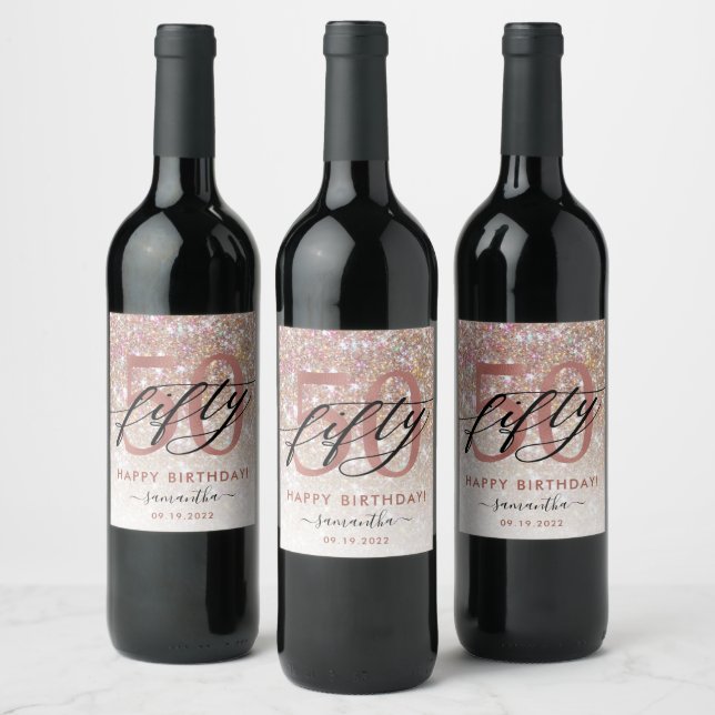 50th Birthday Chic Glitter Ombre Card Wine Label (Bottles)