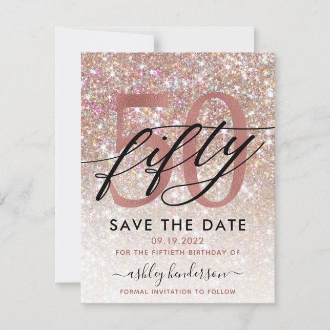 50th Birthday Chic Glitter Ombre Save The Date (Front)
