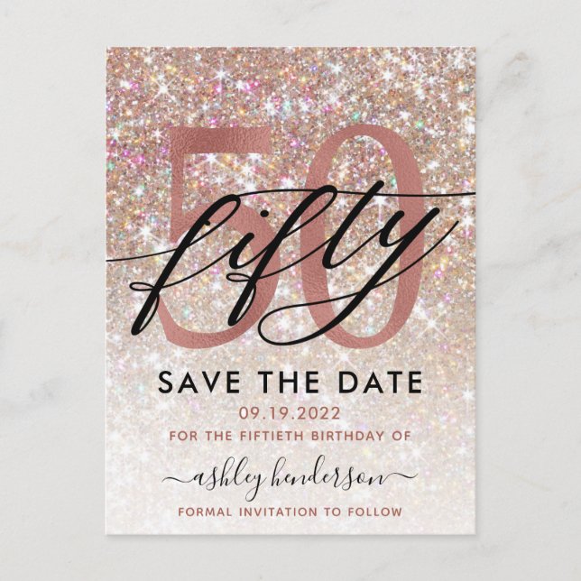 50th Birthday Chic Glitter Ombre Save The Date Postcard (Front)