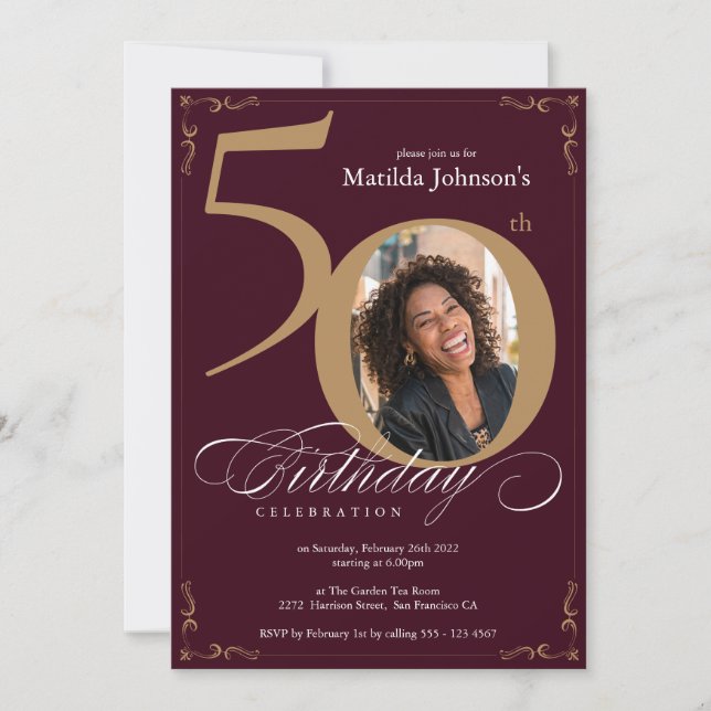 50th Birthday Classy Burgundy Gold Custom Photo Invitation (Front)