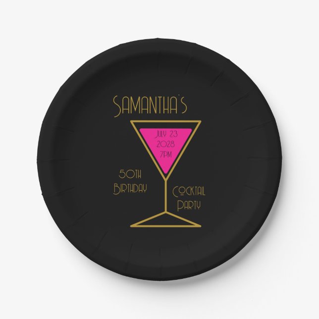 50th Birthday Cocktail Party Black Gold Paper Plate (Front)