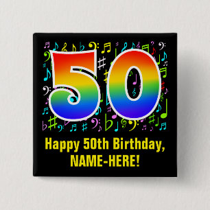 50th Birthday: Colorful Music Symbols, Rainbow 50 2 Inch Square Button