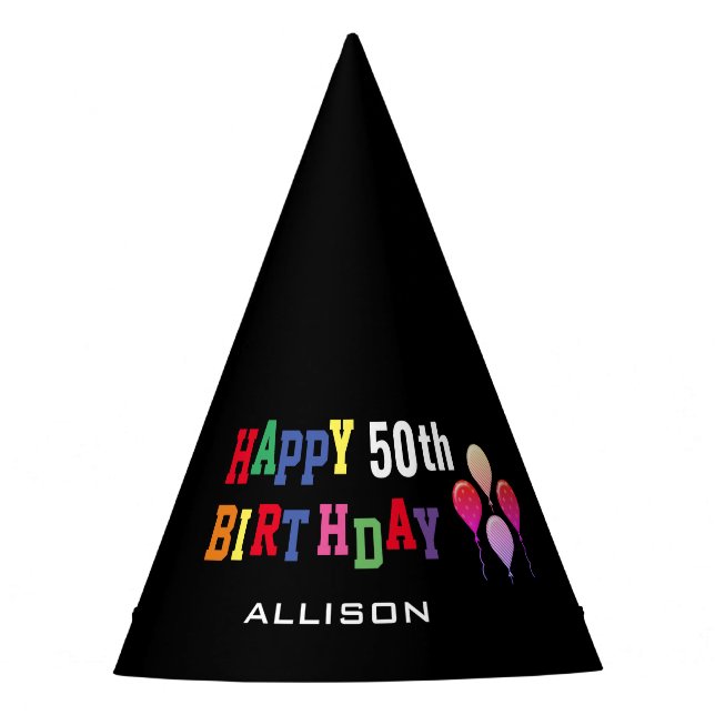 50th Birthday Colourful Balloons Personalized Party Hat (Front)