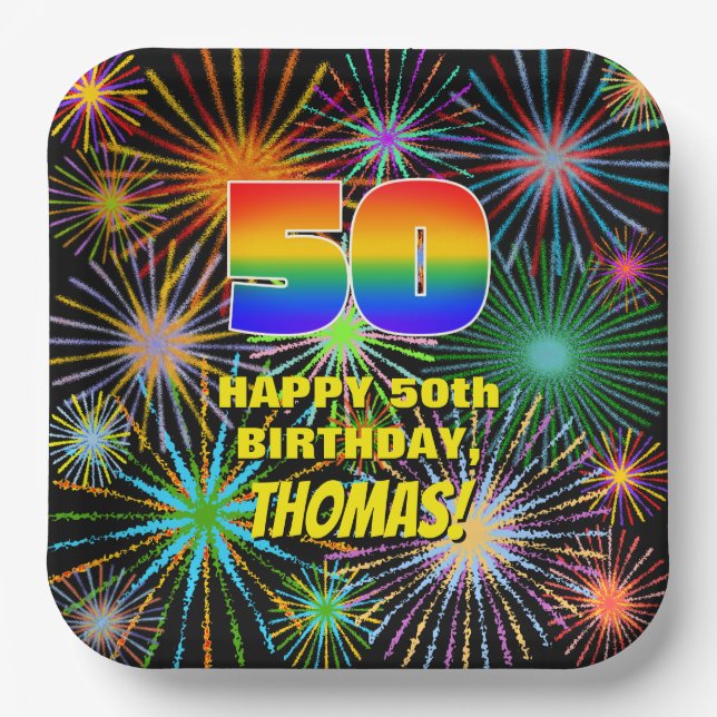 50th Birthday: Colourful, Fun Celebratory Firework Paper Plate (Front)