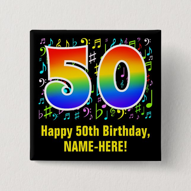 50th Birthday: Colourful Music Symbols, Rainbow 50 2 Inch Square Button (Front)