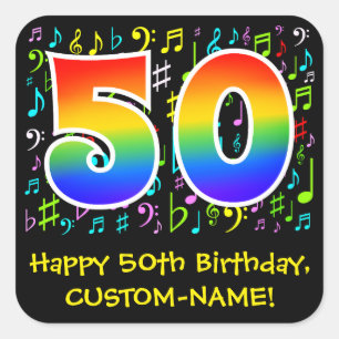 50th Birthday: Colourful Music Symbols, Rainbow 50 Square Sticker