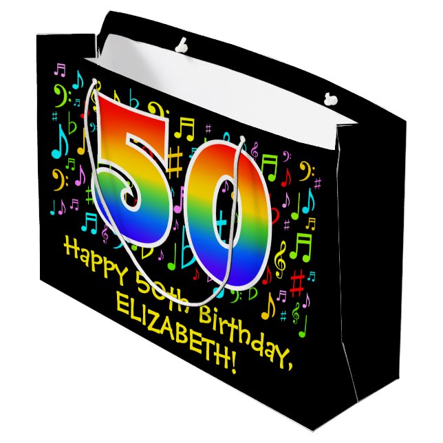 50th Birthday - Colourful Music Symbols, Rainbow 5 Large Gift Bag (Back Angled)