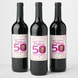 50th birthday colourful pink yellow confetti photo wine label