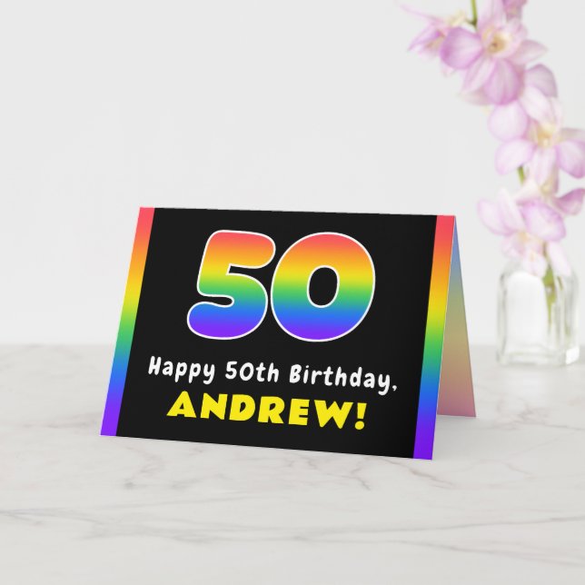 50th Birthday: Colourful Rainbow # 50, Custom Name Card (Orchid)