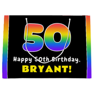 50th Birthday: Colourful Rainbow # 50, Custom Name Large Gift Bag