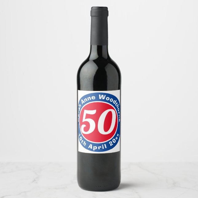 50th Birthday Commemoration with Name, Age, & Date Wine Label (Front)