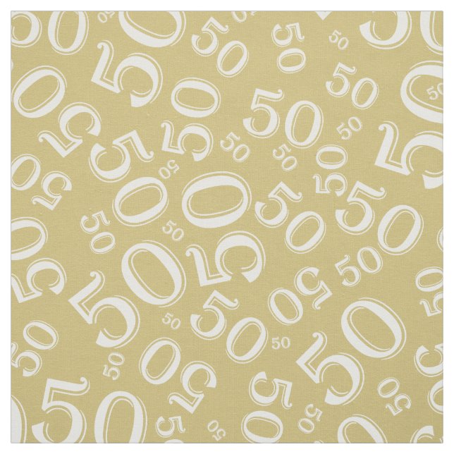 50th Birthday Cool Number Pattern Gold/White Fabric (Swatch)