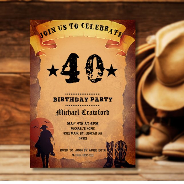 50th birthday cowboy old paper horse riding party invitation (Creator Uploaded)