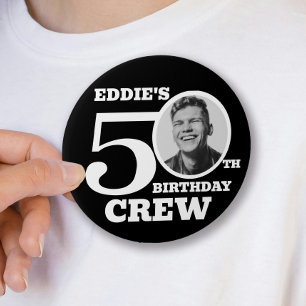 50th Birthday crew black custom photo name 3 Inch Round Button