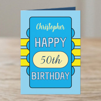 50th birthday custom name blue yellow card