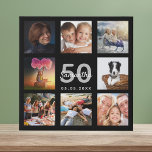 50th birthday custom photo collage black monogram faux canvas print<br><div class="desc">A unique 50th birthday gift or keepsake, celebrating her life with a collage of 8 of your photos. Add images of her family, friends, pets, hobbies or dream travel destination. Personalize and add a name, age 50 and a date. White and gray colored letters. A chic black background. This canvas...</div>