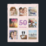 50th birthday custom photo collage rose gold pink fleece blanket<br><div class="desc">A gift for a woman's 50th birthday, celebrating her life with a collage of 8 of your photos of her friends, family, interest or pets. Personalize and add her name, age 50 and a date. Date of birth or the date of the birthday party. Pink and purple coloured letters. Girly...</div>