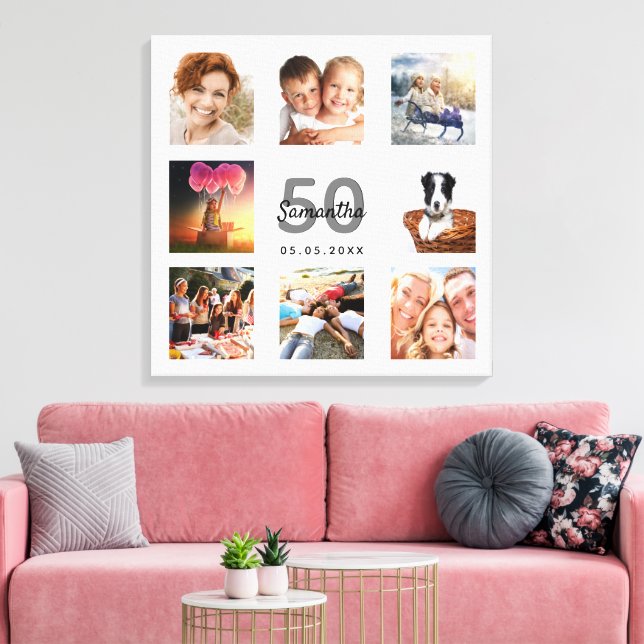 50th birthday custom photo collage white monogram canvas print (Insitu(LivingRoom))