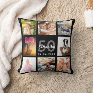 50th birthday custom photo collage woman black throw pillow