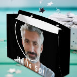 50th birthday custom photo hello 50 fifty guy man large gift bag<br><div class="desc">Template for Your photo.  White text overlay: Hello 50!  A gift bag for a 50th birthday party for him.  Black bacground colour.</div>