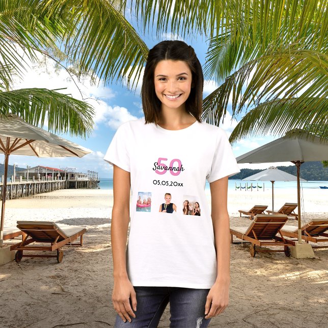 50th birthday custom photo pink monogram woman T-Shirt (Creator Uploaded)