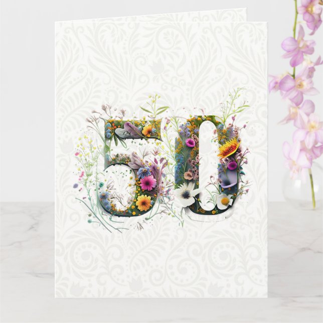 50th Birthday Decorative Wildflower Text Card (Orchid)