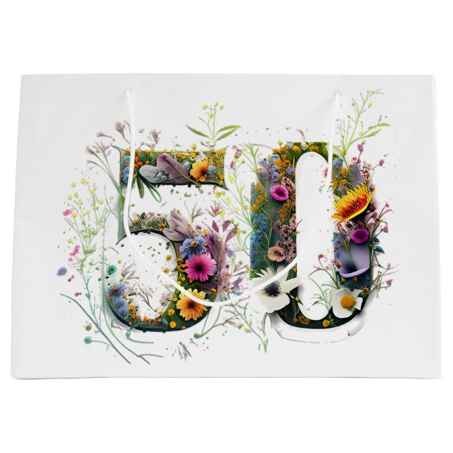 50th Birthday Decorative Wildflower Text Large Gift Bag (Front)