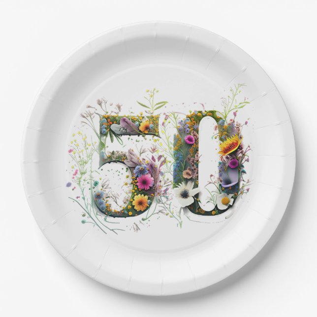 50th Birthday Decorative Wildflower Text Paper Plate (Front)